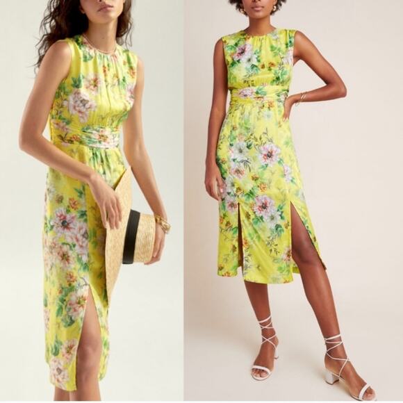 Anthropologie NWOT Sparrow Silk Blend Yellow Floral Midi Dress 10P - Picture 2 of 13
